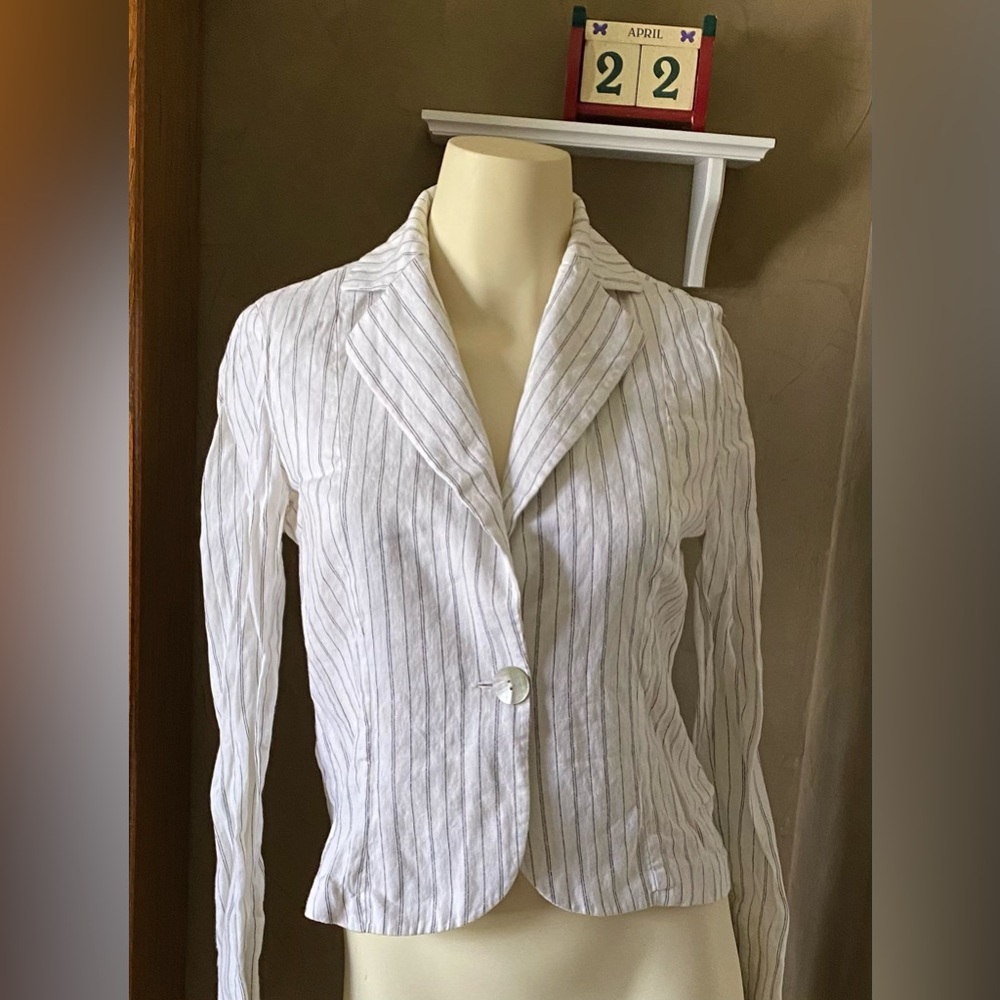 Le Group Women striped linen cropped classic blazer women’s size Small